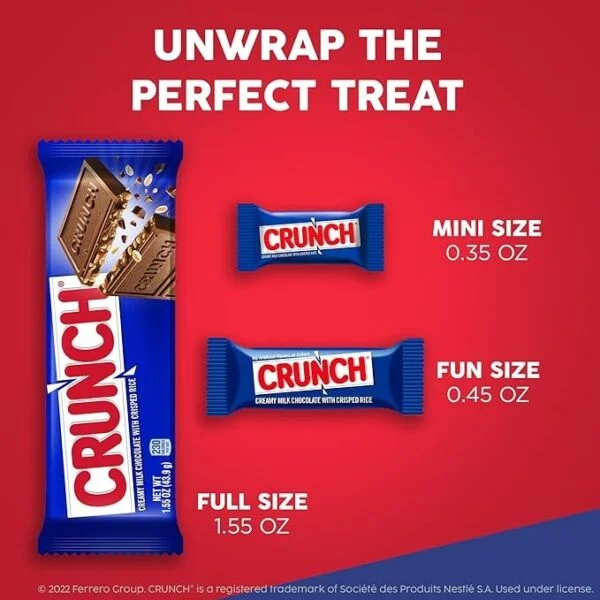 CRUNCH. Bulk 36 Pack. Milk Chocolate and Crisped Rice. Full Size Individually Wrapped Candy Bar. 1.55 oz Each