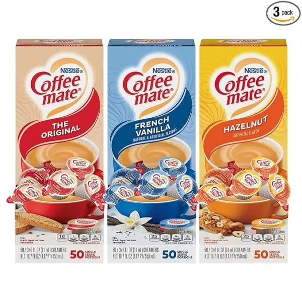 Nestle Coffee Mate Creamer Singles Variety Pack. Original. French Vanilla. Hazelnut. Non Dairy. No Refrigeration. 150 Count (Pack of 3)