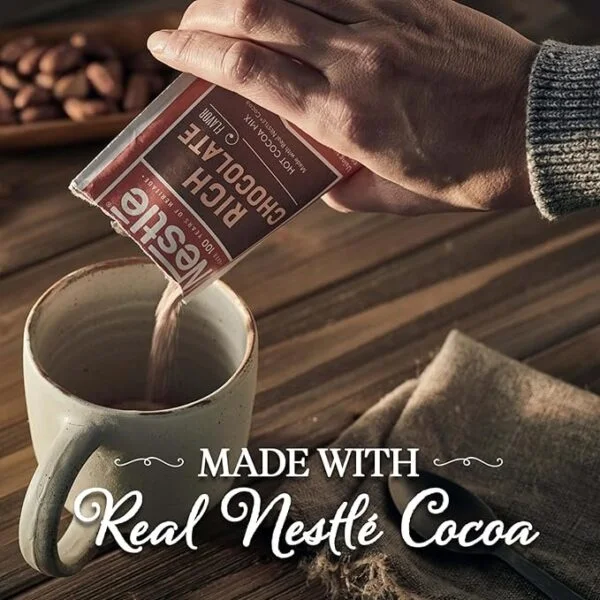 Nestle Hot Cocoa Chocolate Packets. Hot Cocoa Mix. Rich Chocolate Flavor. Made with Real Cocoa. 50 Count (0.71 Oz each). 35.5 Oz