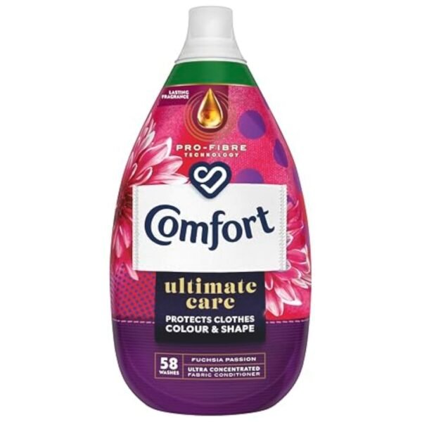Comfort Ultimate Care Fuchsia Passion Ultra-Concentrated Fabric Conditioner bottle made of 100% recycled plastic* for complete clothes protection 58 washes (870 ml)