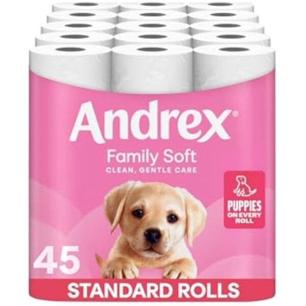Andrex Family Soft Toilet Tissue 45 Rolls (Previously Andrex Gentle Clean) Gentle on your Family’s skin– Bulk Pack of 45 Toilet Rolls, FSC Certified