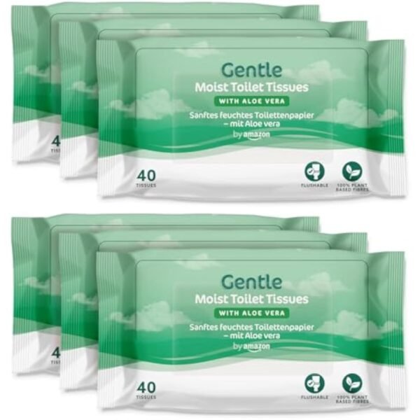 by Amazon Gentle Moist Toilet Tissues with Aloe Vera, Flushable, 240 Count (6 Packs of 40 sheets) (Previously Presto!)