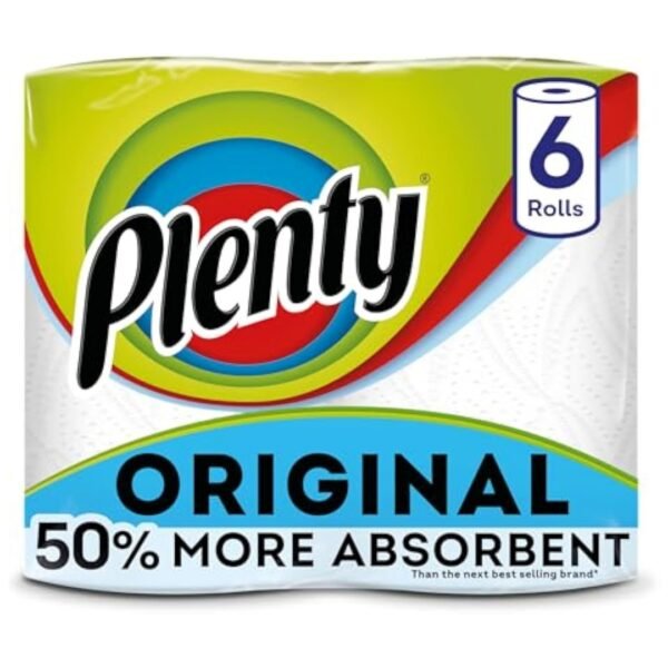 PLENTY Kitchen Towel, 6 White Rolls, 600 Sheets of Kitchen Roll, 2-Ply Tissue