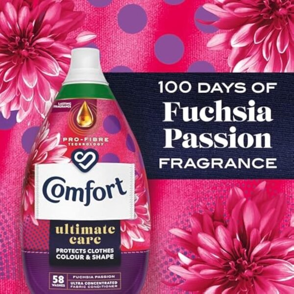 Comfort Ultimate Care Fuchsia Passion Ultra-Concentrated Fabric Conditioner bottle made of 100% recycled plastic* for complete clothes protection 58 washes (870 ml)