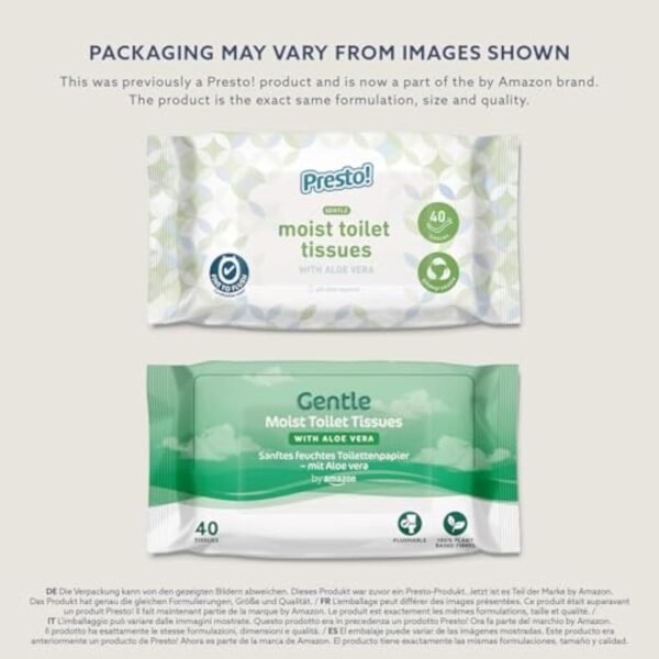 by Amazon Gentle Moist Toilet Tissues with Aloe Vera, Flushable, 240 Count (6 Packs of 40 sheets) (Previously Presto!)