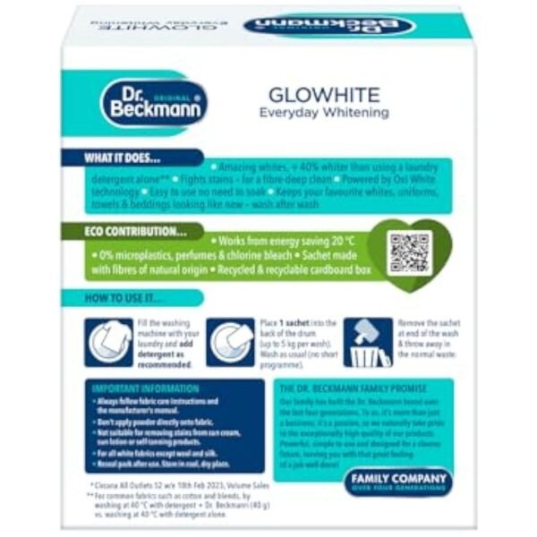 Dr. Beckmann Glowhite | maintains brighter white laundry | 5 In-Wash Sachets