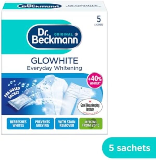 Dr. Beckmann Glowhite | maintains brighter white laundry | 5 In-Wash Sachets