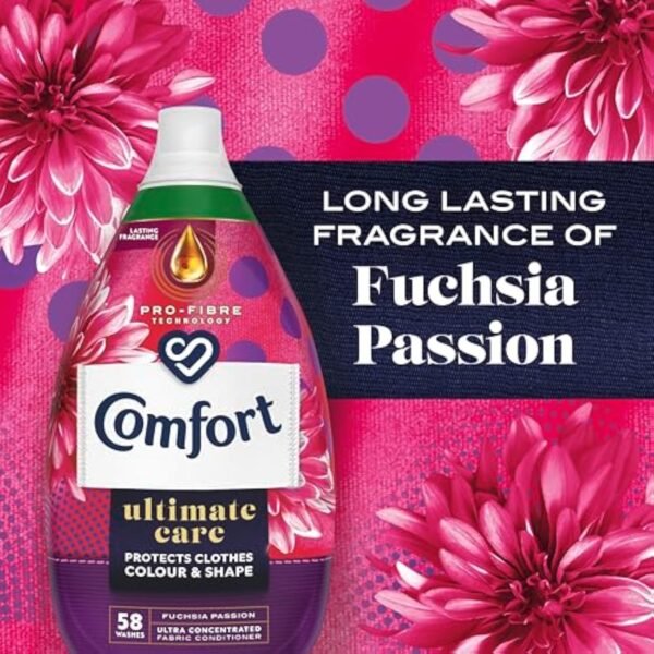 Comfort Ultimate Care Fuchsia Passion Ultra-Concentrated Fabric Conditioner bottle made of 100% recycled plastic* for complete clothes protection 58 washes (870 ml)