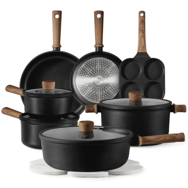 Carote Nonstick Cookware Sets, 15 Pcs Granite Non Stick Pots and Pans Set, Induction Cookware