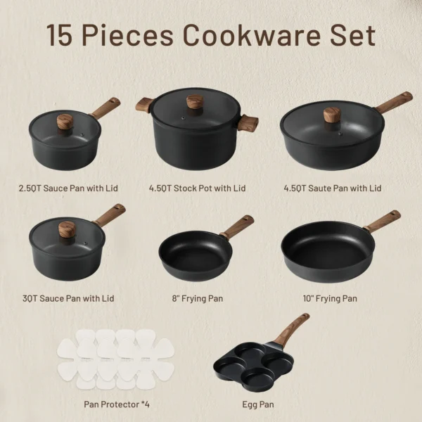 Carote Nonstick Cookware Sets, 15 Pcs Granite Non Stick Pots and Pans Set, Induction Cookware