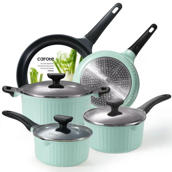 Carote Nonstick Cookware Sets, 8 Pcs Non Stick Pots and Pans Set, Induction Cookware, Oatmeal